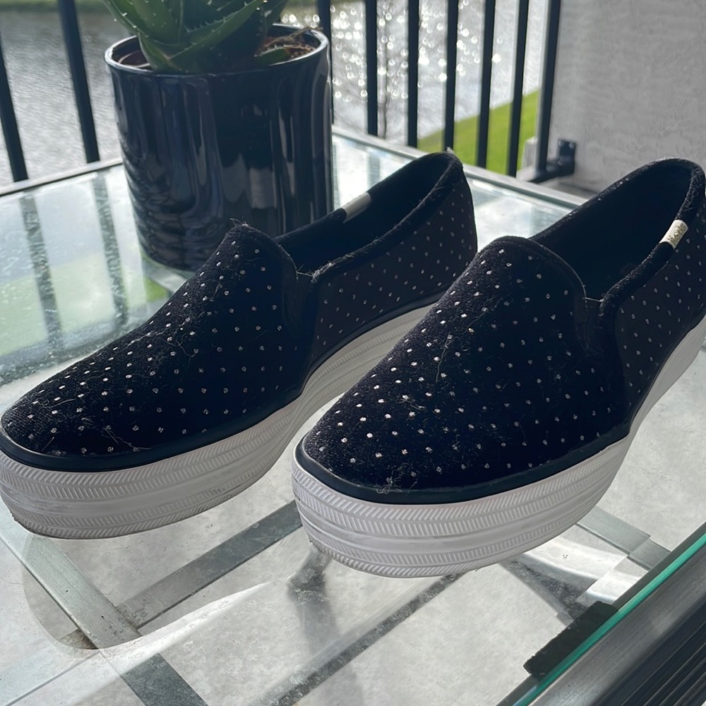 Kate Spade Fuzzy Black and Glitter Studded Keds Loafers